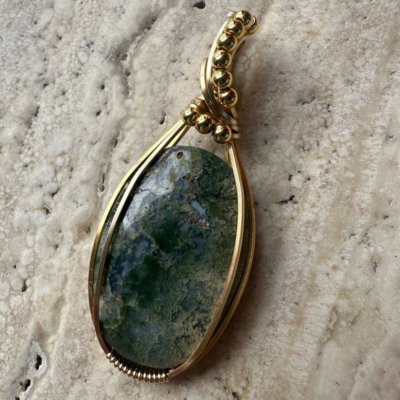 14k Gold Fill & Grounding Tarnish Resistant Copper Moss Agate Necklace Pendant - Picture 2 of 6